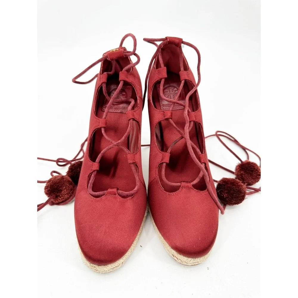 Tory Burch Red Pom Pom‎ Lace Up Satin Wedges Espadrille Size 7